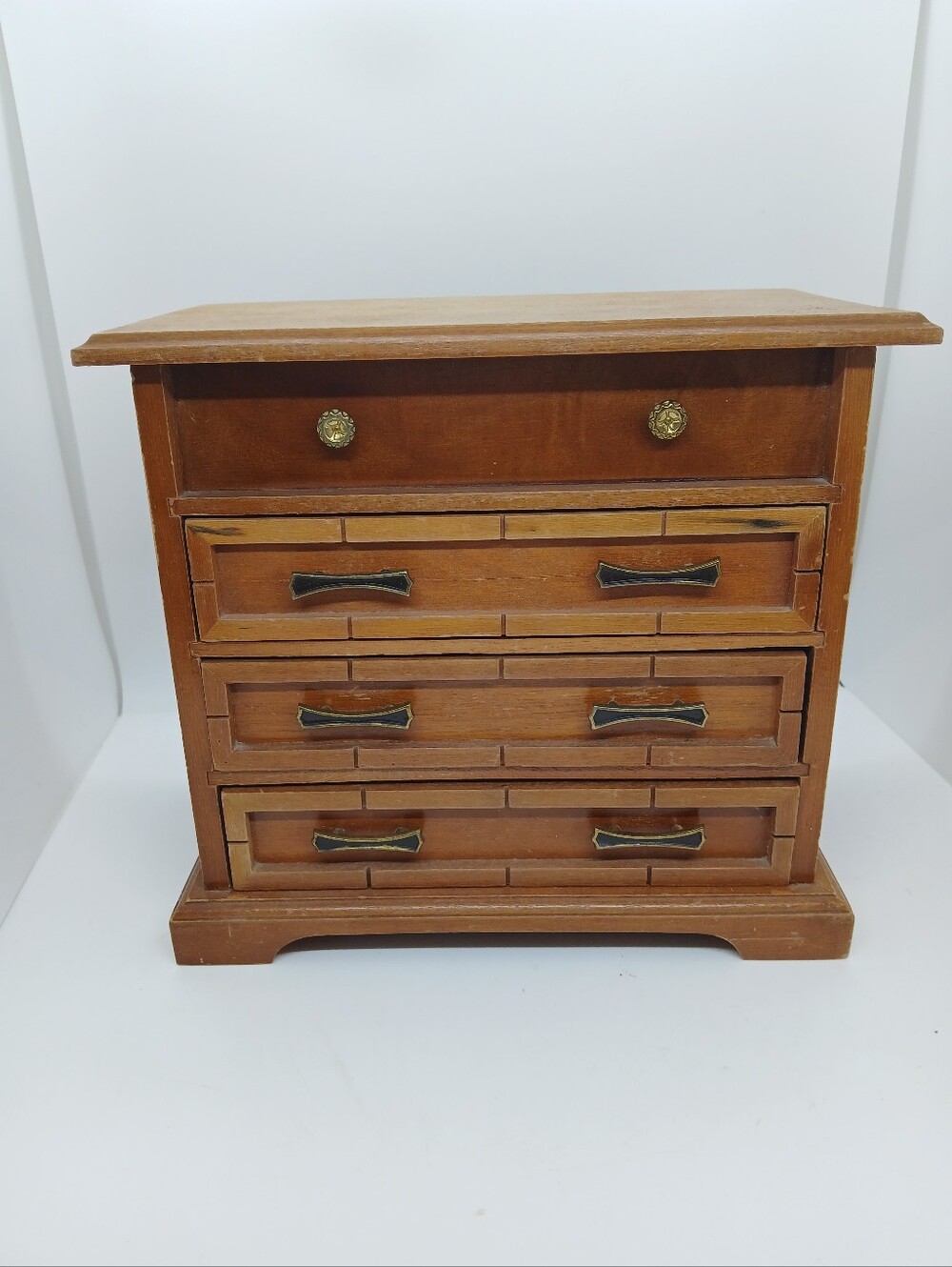 VTG 1970s Wooden Mini Dresser Jewelry Box Chest Mustard Gold Velvet Lining MCM